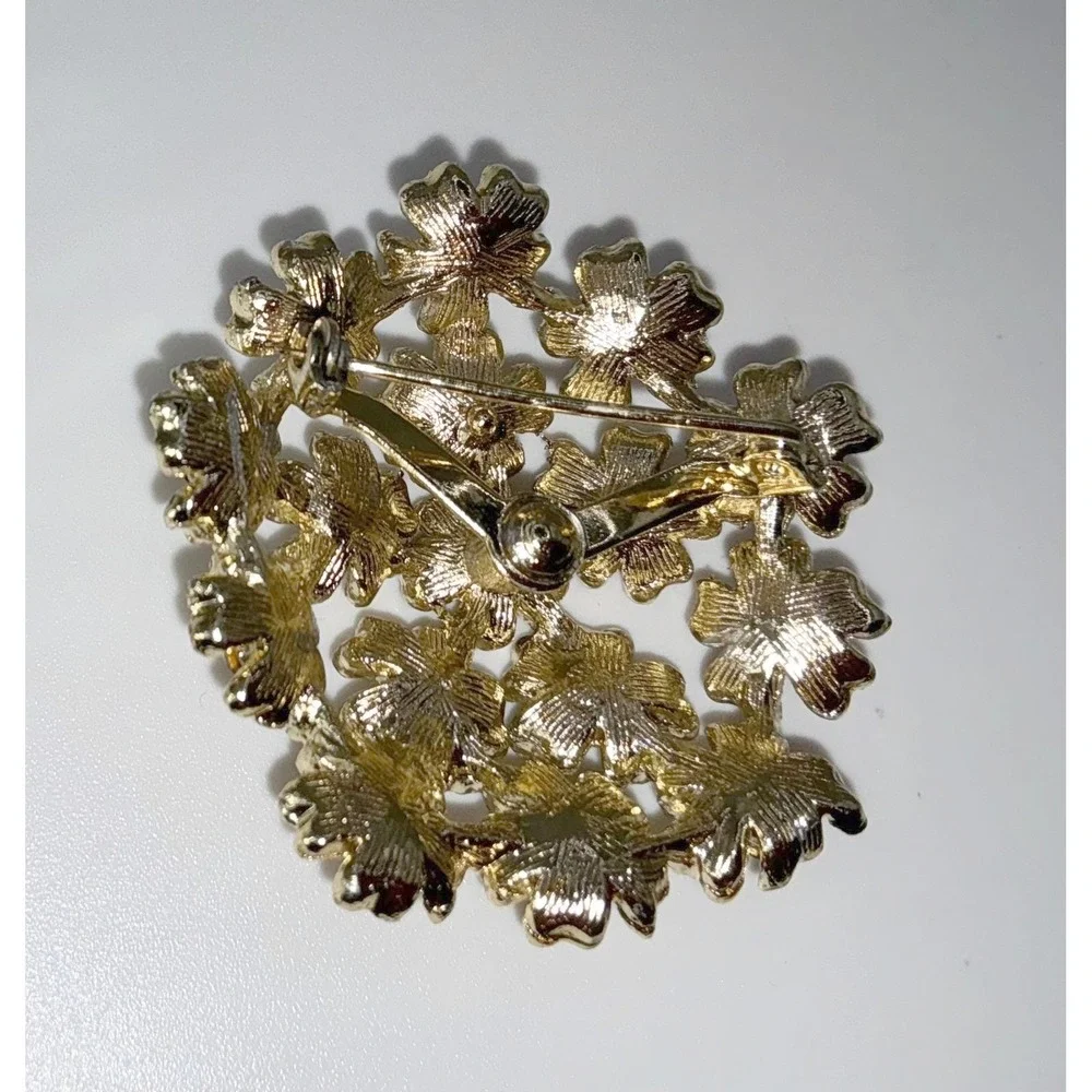Vintage Gold-Tone Red‎ Rhinestone Floral Brooch 2